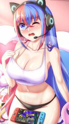 Rule 34 | 1girl, alear (female) (fire emblem), alear (fire emblem), anisdrawn, bare arms, bare shoulders, black panties, blue eyes, blue hair, blush, breasts, camisole, cleavage, collarbone, commentary, creatures (company), crop top, fire emblem, fire emblem engage, game freak, gen 1 pokemon, groin, hair between eyes, headset, highres, kirby, kirby (series), large breasts, midriff, multicolored hair, navel, nintendo, nintendo switch, nose blush, one eye closed, panties, pikachu, pokemon, red hair, sitting, solo, splatoon (series), splatoon 3, stomach, streaked hair, thighs, two-tone hair, underwear