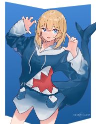 Rule 34 | artist logo, artist name, blonde hair, blue background, blue eyes, blue hoodie, border, claw pose, cosplay, cowboy shot, drawstring, fins, fish tail, gawr gura, gawr gura (1st costume), gawr gura (cosplay), hands up, highres, hololive, hololive english, hood, hood down, hoodie, looking to the side, medium hair, no pants, nuggetkouhai, open mouth, shark tail, simple background, solo, tail, virtual youtuber, watson amelia, white border