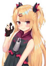 Rule 34 | 1girl, akatsuki uni, bare shoulders, black dress, black gloves, blonde hair, blush, closed mouth, dress, fang, fang out, gloves, hair ornament, hairclip, hand up, highres, k mugura, looking at viewer, partially fingerless gloves, red eyes, simple background, skin fang, sleeveless, sleeveless dress, smile, solo, two side up, uni create, virtual youtuber, white background