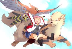 Rule 34 | 1girl, arcanine, arms up, artist name, bad id, bad pixiv id, black footwear, black shirt, blue skirt, blue sky, blush, boots, cloud, cloudy sky, commentary, creatures (company), crossover, day, emblem, closed eyes, flying, game freak, gen 1 pokemon, gen 6 pokemon, girls und panzer, jacket, jumping, leaning forward, legs, legs up, light blush, long sleeves, medium hair, miniskirt, nintendo, open clothes, open jacket, open mouth, outdoors, pleated skirt, pokemon, pokemon (creature), print skirt, raised fists, red hair, rosehip (girls und panzer), shirt, signature, single horizontal stripe, skirt, sky, smile, sparkle, st. gloriana&#039;s (emblem), sunlight, talonflame, tsukasa-emon, twitter username, white jacket