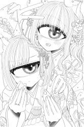 Rule 34 | 2girls, :t, animal ears, azen (mntimcczgrtn), blush, cheese, chinese zodiac, closed mouth, cyclops, ear piercing, earrings, eating, eye focus, food, greyscale, hair ornament, highres, japanese clothes, jewelry, kimono, looking at viewer, monochrome, mouse ears, mouse girl, multiple girls, one-eyed, original, piercing, smile, v, year of the rat