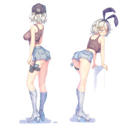 Rule 34 | 1girl, a.x., absurdres, animal ears, ass, bare shoulders, baseball cap, black hairband, blue shorts, boots, breasts, brown tank top, rabbit ears, covered erect nipples, fake animal ears, from behind, hairband, hat, high heel boots, high heels, highres, holster, large breasts, leaning forward, looking at viewer, looking back, micro shorts, midriff, original, scowl, short shorts, shorts, grey eyes, silver hair, tank top, thigh holster, thigh strap, thighs, white footwear