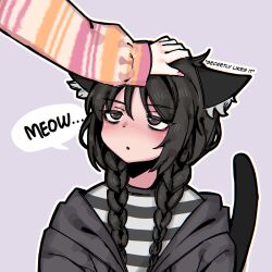 Rule 34 | 1girl, addams family, animal ear fluff, animal ears, bags under eyes, black eyes, black hair, black hoodie, blush, braid, cat ears, cat girl, cat tail, chestnut mouth, colored stripes, commentary, english commentary, english text, hand on another&#039;s head, headpat, highres, hood, hoodie, long hair, multiple girls, nail polish, pink nails, purple background, shirt, snale, sound effects, speech bubble, striped clothes, striped shirt, striped sweater, sweater, tail, twin braids, wednesday (netflix), wednesday addams