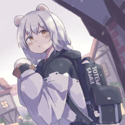 Rule 34 | 1girl, :c, absurdres, animal ears, backpack, bag, bear ears, bear girl, black gloves, black jacket, blush, breath, cold, colon br, day, dot nose, dutch angle, food, gloves, grey hair, hair between eyes, highres, holding, holding food, hood, hood down, hooded jacket, jacket, long sleeves, looking at viewer, medium hair, multicolored clothes, multicolored jacket, open mouth, orange eyes, original, outdoors, own hands together, puffy long sleeves, puffy sleeves, raised eyebrows, sidelocks, solo, two-tone jacket, upper body, white jacket