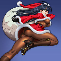 Rule 34 | 1girl, aozoraichi, ass, black hair, bodystocking, boots, breasts, character request, cleats, high heels, highres, large breasts, original, sack, santa costume, shoes, skin tight, solo, underboob, yellow eyes