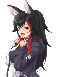 Rule 34 | 1girl, :d, animal ear fluff, animal ears, black choker, black hair, black hoodie, blush, choker, commentary, fang, flipped hair, from side, hiden (takanori), highres, hololive, hood, hoodie, hoodie pull, long hair, looking at viewer, multicolored hair, no bra, official alternate costume, official alternate hairstyle, ookami mio, ookami mio (casual), open mouth, paw print, paw print pattern, ponytail, red hair, sidelocks, sleeves past wrists, smile, solo, spiked hair, streaked hair, two-tone hoodie, very long hair, virtual youtuber, white hoodie, wolf ears, yellow eyes