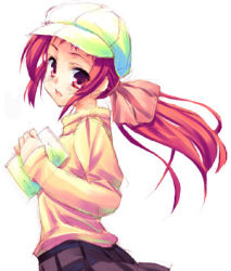 Rule 34 | 00s, 1girl, cabbie hat, hat, hoshizaki hikaru, long hair, looking at viewer, lowres, onda aka, open mouth, ponytail, profile, rec, red eyes, red hair, ribbon, simple background, skirt, solo, sweater, white background