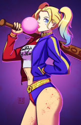 Rule 34 | 1girl, ass, baseball bat, batman (series), blonde hair, blue eyes, blue hair, breasts, chewing gum, dc comics, harley quinn, jacket, lipstick, long hair, makeup, matching hair/eyes, multicolored hair, solo, suicide squad, twintails, weapon