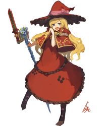 Rule 34 | 1girl, :d, blonde hair, boots, capelet, commentary request, doctor magus, dress, etrian odyssey, fang, footwear bow, full body, hand up, hat, highres, holding, lansane, long hair, ojou-sama pose, open mouth, purple eyes, red capelet, red dress, red hat, signature, simple background, smile, solo, staff, standing, standing on one leg, white background