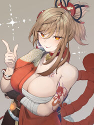 Rule 34 | 1girl, :p, absurdres, arm tattoo, bandages, blonde hair, breasts, chahanam, chest sarashi, chest tattoo, choker, cleavage, commentary request, genshin impact, grey background, hair between eyes, hand up, highres, index finger raised, japanese clothes, kimono, large breasts, long hair, looking at viewer, orange kimono, ponytail, red choker, sarashi, short sleeves, simple background, single bare shoulder, smile, solo, tattoo, tongue, tongue out, upper body, wrist wrap, yellow eyes, yoimiya (genshin impact)