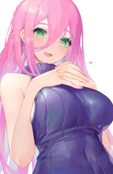 Rule 34 | 1girl, absurdres, akizone, breasts, earrings, green eyes, hair between eyes, heart, highres, jewelry, large breasts, long hair, looking at viewer, nail polish, open mouth, original, pink hair, pink nails, simple background, sleeveless, sleeveless sweater, solo, sweater, turtleneck, turtleneck sweater, white background