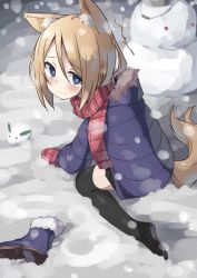 Rule 34 | 1girl, abarabone, animal ears, black thighhighs, blonde hair, blue eyes, blush, boots, unworn boots, closed mouth, coat, frown, highres, kneeling, looking at viewer, looking back, mittens, original, outdoors, plaid, plaid scarf, red scarf, scarf, shoes, unworn shoes, snow, snow rabbit, snowman, solo, tail, tears, thighhighs