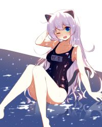 Rule 34 | 00s, 1girl, absurdres, animal ears, arm support, bare shoulders, blue eyes, breasts, cat ears, cat tail, character name, dungeon and fighter, highres, korean text, long hair, medium breasts, one-piece swimsuit, one eye closed, open mouth, school swimsuit, silver hair, solo, swimsuit, tail, tandozzing