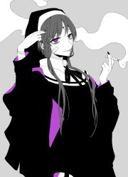 Rule 34 | 1girl, bad id, bad twitter id, bags under eyes, bandaged wrist, bandages, bandaid, bandaid on face, between fingers, black jacket, capelet, cigarette, closed mouth, collared dress, cowboy shot, dress, finger gun, finger gun to head, greyscale, habit, half-closed eyes, hands up, highres, holding, holding cigarette, inactive account, inotukuhito, jacket, jacket partially removed, kamippoina (vocaloid), long sleeves, looking at viewer, monochrome, multicolored clothes, multicolored jacket, nail polish, nun, open clothes, open jacket, purple eyes, purple jacket, ringed eyes, sanpaku, scar, scar on face, scar on forehead, short dress, short hair with long locks, simple background, smile, smoke trail, solo, spot color, tongue, tongue out, two-tone jacket, vocaloid, voiceroid, yuzuki yukari