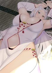 1girl, animal ears, armpits, arms up, bell, blue eyes, bra, breasts, cat ears, china dress, chinese clothes, cleavage, cleavage cutout, clothing cutout, curvy, detached sleeves, dress, front-tie bra, heterochromia, highres, large breasts, long hair, lying, navel cutout, on floor, original, panties, remomon0, rope, side-tie panties, silver hair, skindentation, smile, solo, tatami, underwear, very long hair, yellow eyes