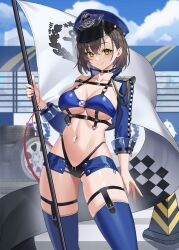 Rule 34 | 1girl, absurdres, aiguillette, azur lane, baltimore (azur lane), baltimore (finish line flagbearer) (azur lane), black choker, black panties, blue hat, blue sky, blue thighhighs, blush, braid, breasts, brown hair, choker, closed mouth, cloud, cloudy sky, collarbone, crossed bangs, flag, gluteal fold, hat, highleg, highleg panties, highres, holding, holding flag, large breasts, looking at viewer, navel, official alternate costume, otakueden1995, panties, peaked cap, race queen, revealing clothes, short hair, sky, smile, solo, stomach, thigh strap, thighhighs, tire, underwear, yellow eyes
