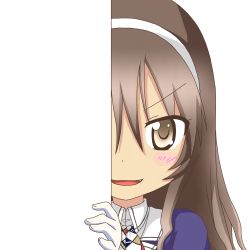 Rule 34 | &gt;:d, 10s, 1girl, :d, ashigara (kancolle), brown eyes, brown hair, gloves, hairband, kantai collection, long hair, looking at viewer, nagineko, open mouth, peeking out, smile, solo, transparent background, v-shaped eyebrows, white gloves