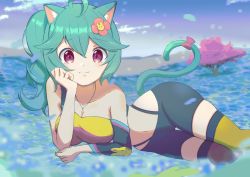 Rule 34 | 1girl, animal ears, aqua hair, black shorts, blue flower, bow, breasts, cat ears, cat girl, cat tail, cleavage, commission, copyright request, detached sleeves, feet out of frame, flower, indie virtual youtuber, jewelry, long hair, medium breasts, mogasa, necklace, outdoors, pink bow, pink flower, plant, ponytail, purple eyes, rosedoodle (vtuber), shorts, single detached sleeve, skeb commission, skindentation, smile, solo, tail, tail bow, tail ornament, thighhighs, tree, virtual youtuber, yellow thighhighs