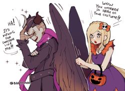 Rule 34 | 1boy, 1girl, :o, arm up, bandaged hand, bare shoulders, barry nah, black nails, blonde hair, bow, braid, breasts, danganronpa (series), danganronpa 2: goodbye despair, demon horns, demon wings, dress, english text, from side, green eyes, hair ornament, halloween, halloween bucket, hand up, highres, horns, long hair, medium breasts, nail polish, open mouth, orange bow, pink scarf, purple dress, scarf, simple background, skull hair ornament, sonia nevermind, sparkle, tanaka gundham, teeth, twitter username, upper teeth only, white background, wings