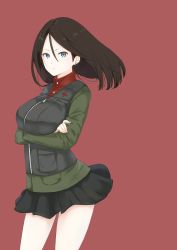 Rule 34 | 1girl, absurdres, black hair, black skirt, black vest, blue eyes, breast hold, breasts, closed mouth, commentary, cowboy shot, crossed arms, emblem, frown, girls und panzer, green jacket, highres, jacket, large breasts, long hair, long sleeves, looking at viewer, military, military uniform, miniskirt, nonna (girls und panzer), pleated skirt, pravda military uniform, red background, red shirt, shimesaba (simesabaikka), shirt, simple background, skirt, solo, standing, swept bangs, turtleneck, uniform, vest, wind, zipper