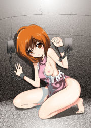 Rule 34 | 1girl, asaibomb, barefoot, bdsm, blush, bondage, bound, breasts, brown eyes, brown hair, chain, chained, chained cuffs, chained wrists, cuffs, dress, feet, female focus, full body, imprisoned, indoors, looking at viewer, matching hair/eyes, nipples, one breast out, orange eyes, orange hair, original, parted lips, prisoner, short hair, solo, toes, torn clothes, wrist cuffs