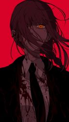 Rule 34 | 1girl, black jacket, black necktie, blood, blood on clothes, blood on face, braid, chainsaw man, dress shirt, hair over one eye, highres, jacket, long hair, looking at viewer, makima (chainsaw man), necktie, orange eyes, red background, red hair, ringed eyes, shirt, simple background, single braid, solo, suit jacket, upper body, urkt 10, white shirt, wing collar