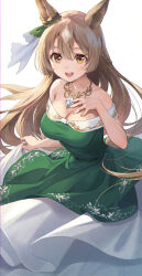 Rule 34 | 1girl, alternate costume, animal ears, bare shoulders, braid, breasts, brown hair, cleavage, commentary request, dress, ear ornament, french braid, gem, gold necklace, green dress, hand on own chest, highres, horse ears, horse girl, jewelry, kuze kaname, large breasts, long hair, multicolored hair, necklace, off-shoulder dress, off shoulder, open mouth, satono diamond (umamusume), simple background, skirt hold, smile, solo, streaked hair, umamusume, very long hair, white background, white hair, yellow eyes