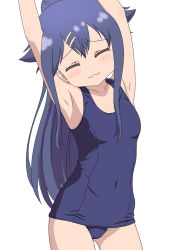 Rule 34 | 10s, 1girl, :3, armpits, blue hair, blush, breasts, cowboy shot, closed eyes, female focus, groin, head tilt, hinako note, natsukawa kuina, one-piece swimsuit, simple background, small breasts, smile, solo, swimsuit, white background