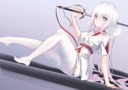 Rule 34 | + +, 1girl, adapted costume, alternate hairstyle, azur lane, bad id, bad pixiv id, blue eyes, breasts, closed mouth, expressionless, highres, holding, holding sword, holding weapon, ka11 ca, knees up, le malin (azur lane), long hair, looking at viewer, low twintails, no shoes, pantyhose, rapier, shirt, short sleeves, sidelocks, silver hair, sitting, skirt, small breasts, solo, sword, thighband pantyhose, twintails, very long hair, weapon, white pantyhose, white shirt, white skirt