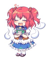 Rule 34 | 2girls, :&lt;, ^ ^, blue dress, blush, chibi, closed eyes, dress, frilled dress, frills, full body, ghost, hair bobbles, hair ornament, happy, heart, highres, holding, kaoling, multiple girls, okobo, onozuka komachi, open mouth, puffy short sleeves, puffy sleeves, red hair, sandals, shiki eiki, short hair, short sleeves, simple background, socks, solid circle eyes, touhou, triangle mouth, two side up, white background