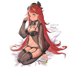 Rule 34 | 1girl, azur lane, bed sheet, black bra, black panties, black thighhighs, blonde hair, blush, bra, breasts, brown eyes, cellphone, cleavage, closed mouth, dark-skinned female, dark skin, dated, garter belt, hand in own hair, hat, highres, itoucon, jamaica (azur lane), large breasts, lingerie, long hair, looking at viewer, multicolored hair, nail polish, navel, panties, phone, pillow, red hair, see-through, signature, simple background, sitting, smartphone, solo, streaked hair, swept bangs, thighhighs, underwear, very long hair, white background, yellow nails