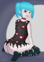 Rule 34 | 1girl, absurdres, ass, black dress, black thighhighs, blue eyes, blue hair, blunt bangs, choker, commission, cyanea, dress, female focus, from behind, full body, gravity daze, highres, no panties, open mouth, short hair, sitting, sleeveless, soles, thighhighs, thighs, toes, torn clothes, torn thighhighs, trolltoll, twintails, wariza