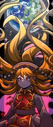 Rule 34 | 1girl, 1jumangoku, angry, black dress, black headwear, black sleeves, blonde hair, closed mouth, commentary request, cowboy shot, dress, earth (planet), energy tail, eyelashes, floating hair, fox tail, gradient hair, highres, junko (touhou), junko day, long hair, long sleeves, looking at viewer, multicolored hair, neck ribbon, phoenix crown, pillarboxed, planet, red eyes, red tabard, ribbon, solo, sparkle, tabard, tail, hat tassel, touhou, v-shaped eyebrows, very long hair, wide-eyed, yellow ribbon