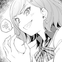 Rule 34 | 1girl, bow, burisuke (koujiro), collared shirt, commentary request, copyright request, earrings, greyscale, grin, hair ornament, hairclip, jacket, jewelry, monochrome, plaid, plaid bow, sharp teeth, shirt, smile, solo, swept bangs, teeth, translation request, upper body