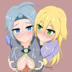 Rule 34 | 100 percent orange juice, 1boy, 2girls, amputee, animated, animated gif, anonymous neko, assisted paizuri, bisexual female, blonde hair, blue eyes, blue hair, blush, breasts, cum, cum on body, cum on clothes, cum on upper body, facial, grabbing, grabbing another&#039;s breast, green eyes, long hair, looking at viewer, multiple girls, nath (orange juice), paizuri, penis, pov, smile, sora (orange juice), suguri