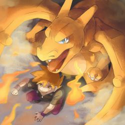 Rule 34 | 1boy, black shirt, blue eyes, blue oak, charizard, claws, clenched hand, clenched teeth, commentary request, creatures (company), fangs, fire, flame-tipped tail, from above, game freak, gen 1 pokemon, highres, jewelry, looking up, male focus, necklace, nintendo, open mouth, orange eyes, orange hair, pants, pokemon, pokemon (creature), pokemon frlg, purple pants, purple wristband, shirt, shoes, short sleeves, smile, spiked hair, squatting, teeth, tongue, torinoko (miiko draw), wristband