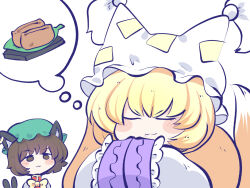 Rule 34 | 2girls, animal ears, blonde hair, blush, bow, brown eyes, brown hair, cat ears, cat girl, cat tail, chahan (fried rice0614), chen, closed eyes, closed mouth, commentary, dreaming, food, fox girl, fox tail, frilled hat, frilled sleeves, frills, green headwear, hat, hat with ears, leaf, looking at another, mob cap, multiple girls, multiple tails, sleeping, tail, touhou, tray, twintails, very long sleeves, yakumo ran, yellow bow