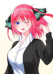 Rule 34 | 1girl, arm up, black cardigan, black ribbon, blue eyes, blunt bangs, blush, breasts, butterfly hair ornament, cardigan, collarbone, go-toubun no hanayome, gradient background, hair flip, hair ornament, highres, large breasts, looking at viewer, nakano nino, one eye closed, open cardigan, open clothes, open mouth, pink hair, ribbon, shirt, simple background, tented shirt, twintails, uniform, white shirt, yayoi (touya)