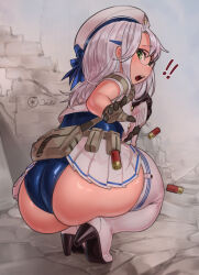 Rule 34 | !, !!, 1girl, artist name, ass, ass focus, bikini, blue bikini, boots, bullet, cropped shirt, eyebrows, eyelashes, female focus, from behind, full body, glasses, gloves, goddess of victory: nikke, green eyes, green gloves, hat, high heels, highres, holding, holding weapon, huge ass, long hair, looking back, looking down, miniskirt, neon (nikke), one-piece swimsuit, open mouth, ourobot, outdoors, outstretched arm, shirt, short sleeves, skirt, solo, squatting, swimsuit, swimsuit under clothes, teeth, thick thighs, thigh boots, thighs, tongue, weapon, white footwear, white hair, white hat, white shirt