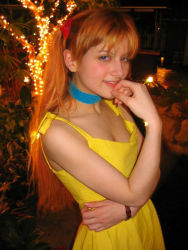 Rule 34 | 1girl, cosplay, cosplay photo, dress, neon genesis evangelion, orange hair, photo (medium), solo, souryuu asuka langley (cosplay), yellow dress