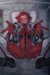 Rule 34 | 1girl, ass, blue eyes, boots, breasts, code geass, come hither, condom, condom wrapper, highres, kouzuki kallen, looking at viewer, lying, medium breasts, on back, on bed, open mouth, outstretched arms, outstretched hand, pilot suit, red hair, shirabe shiki, short hair, solo, spread legs