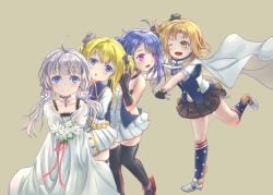 Rule 34 | 4girls, :o, ;d, aged down, ahoge, aiguillette, american flag legwear, anchor necklace, azur lane, bare shoulders, black gloves, black legwear, black skirt, blonde hair, blouse, blue bow, blue capelet, blue eyes, blue hair, blue shirt, blush, bow, breasts, buttons, cape, capelet, choker, clevelad (azur lane), coat dress, collarbone, collared dress, commentary request, dress, elbow gloves, fingerless gloves, flower, full body, gloves, gold trim, grey background, hair between eyes, hair bow, hair ornament, hairclip, highres, holding, holding flower, jewelry, lena (azur lane), little illustrious (azur lane), little renown (azur lane), long hair, long sleeves, looking at viewer, low twintails, multiple girls, navel, necklace, no headwear, one eye closed, one side up, open mouth, panties, parted bangs, pink eyes, pink ribbon, pleated dress, pleated skirt, ribbon, rudder footwear, satsuki (swkerc), see-through, see-through sleeves, shirt, short hair, short sleeves, side-tie panties, sidelocks, silver hair, simple background, skindentation, skirt, small breasts, smile, standing, standing on one leg, swept bangs, thighhighs, twintails, two side up, underwear, white cape, white dress, white legwear, yellow eyes, zettai ryouiki