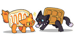 2others black_cat brothers cat closed_mouth collar commentary firestar_(warrior_cats) food half-brothers half-siblings multiple_others nyan_cat open_mouth orange_cat pop-tarts raystarkitty scourge_(warrior_cats) siblings standing star_(symbol) symbol-only_commentary tac_nyan waffle warrior_cats