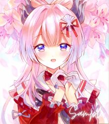 Rule 34 | 1girl, black bow, blue hair, bow, bow-shaped hair, collar, colored tips, floral background, genshin impact, glove bow, gloves, hair ornament, half gloves, highres, jacket, long hair, long sleeves, looking at viewer, multicolored eyes, multicolored hair, off shoulder, open mouth, pink hair, q sakura, red jacket, sangonomiya kokomi, sangonomiya kokomi (sushiro), signature, solo, upper body, white collar, white gloves