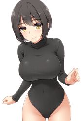 Rule 34 | 1girl, arm at side, bare hips, black hair, black leotard, blush, breasts, closed mouth, commentary request, covered navel, cowboy shot, gluteal fold, groin, heattech leotard, highleg, highleg leotard, idolmaster, idolmaster cinderella girls, impossible clothes, impossible leotard, large breasts, leotard, long sleeves, looking at viewer, pataneet, smile, solo, takafuji kako, turtleneck, yellow eyes