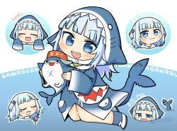 Rule 34 | +++, 1girl, :d, ^ ^, absurdres, animal hood, bloop (gawr gura), blue background, blue eyes, blue hair, blue hoodie, blue socks, character name, chibi, closed eyes, closed mouth, commentary request, ebi gohan, eighth note, english text, facing viewer, fins, fish tail, gawr gura, gawr gura (1st costume), hair ornament, highres, holding, hololive, hololive english, hood, hood down, hood up, hoodie, long hair, long sleeves, looking at viewer, microphone stand, multicolored hair, multiple views, music, musical note, open mouth, outline, shark hood, shark tail, sharp teeth, shoes, singing, sleeves past fingers, sleeves past wrists, smile, socks, streaked hair, swimming, tail, teeth, two-tone background, two side up, v-shaped eyebrows, virtual youtuber, white background, white footwear, white outline, wide sleeves