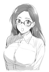 Rule 34 | 1girl, black eyes, black hair, blouse, blush, breasts, glasses, greyscale, highres, large breasts, long hair, looking at viewer, meeko, monochrome, open mouth, original, shirt, simple background, smile, solo, white background