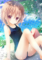 Rule 34 | 1girl, bad id, bad pixiv id, blue one-piece swimsuit, blue sky, blush, braid, breasts, brown eyes, brown hair, chain-link fence, closed mouth, cloud, cloudy sky, collarbone, day, dutch angle, fence, hair between eyes, highres, holding, kickboard, looking at viewer, moe2017, one-piece swimsuit, original, outdoors, petite, school swimsuit, shiiba nae, sitting, sky, small breasts, smile, solo, swimsuit, thighs, tile floor, tiles