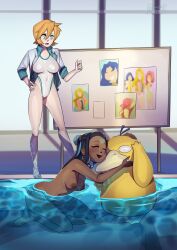 Rule 34 | (pokemon), 2girls, arms up, barefoot, black hair, blonde hair, blue hair, breasts, casual, casual nudity, clothed female nude female, completely nude, creatures (company), daisy (pokemon), dark-skinned female, dark skin, exhibitionism, feet, female focus, flower, full body, game freak, gen 1 pokemon, gluteal fold, green eyes, highres, hug, huge breasts, indoors, jacket, jewelry, keendee miyavi, large breasts, legs, leotard, lily (pokemon), long hair, looking at another, medium breasts, midriff, misty (pokemon), multicolored hair, multiple girls, navel, nessa (pokemon), nintendo, nipples, nude, nudist, one-piece swimsuit, orange hair, pokemon, pokemon gsc, pokemon hgss, pokemon swsh, psyduck, public indecency, red hair, short hair, smile, standing, swimsuit, thighs, toes, very long hair, violet (pokemon), water, white jacket