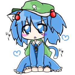 Rule 34 | 1girl, animal ears, backpack, bag, blue eyes, blue hair, blush stickers, cat ears, cat girl, cat tail, dress, female focus, hair bobbles, hair ornament, hat, heart, kawashiro nitori, key, lowres, matching hair/eyes, no nose, nukoneko (nuneko), open mouth, sitting, solo, tail, touhou, translated, twintails, two side up